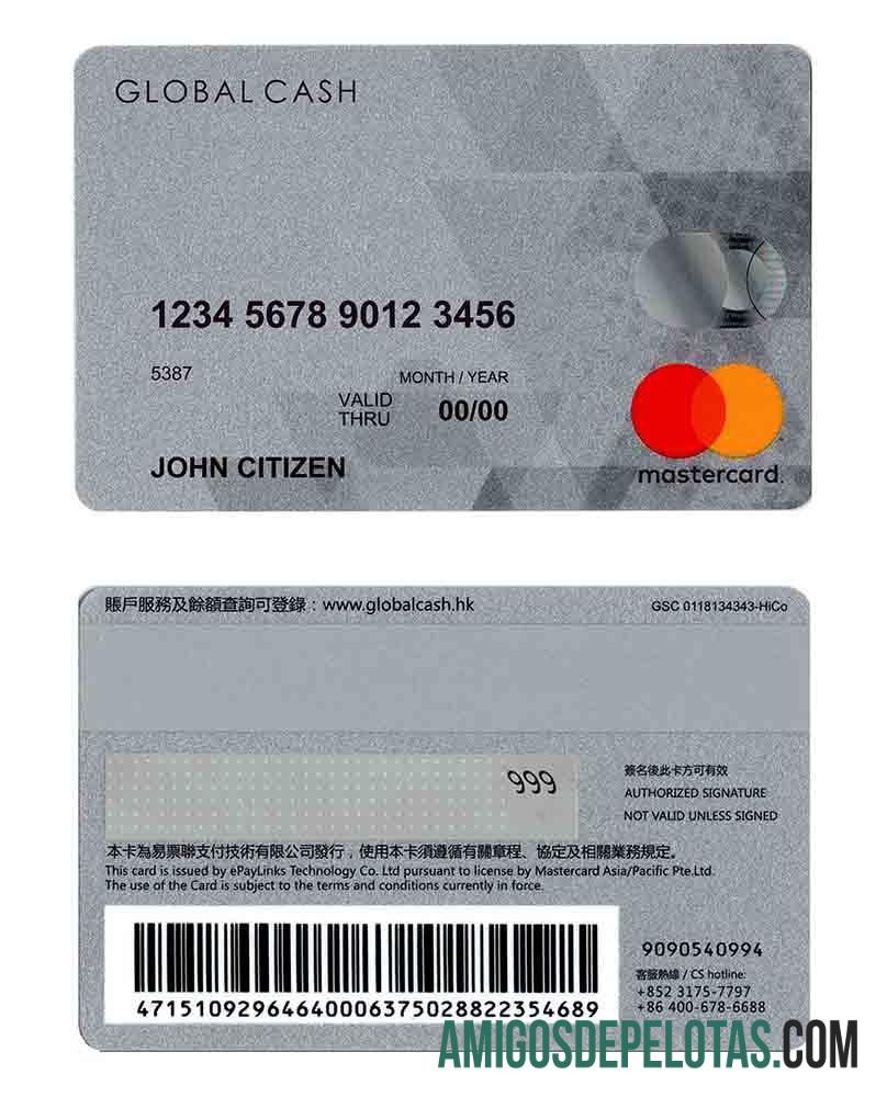 Cartão Global Cash Mastercard de Hong Kong exemplo real